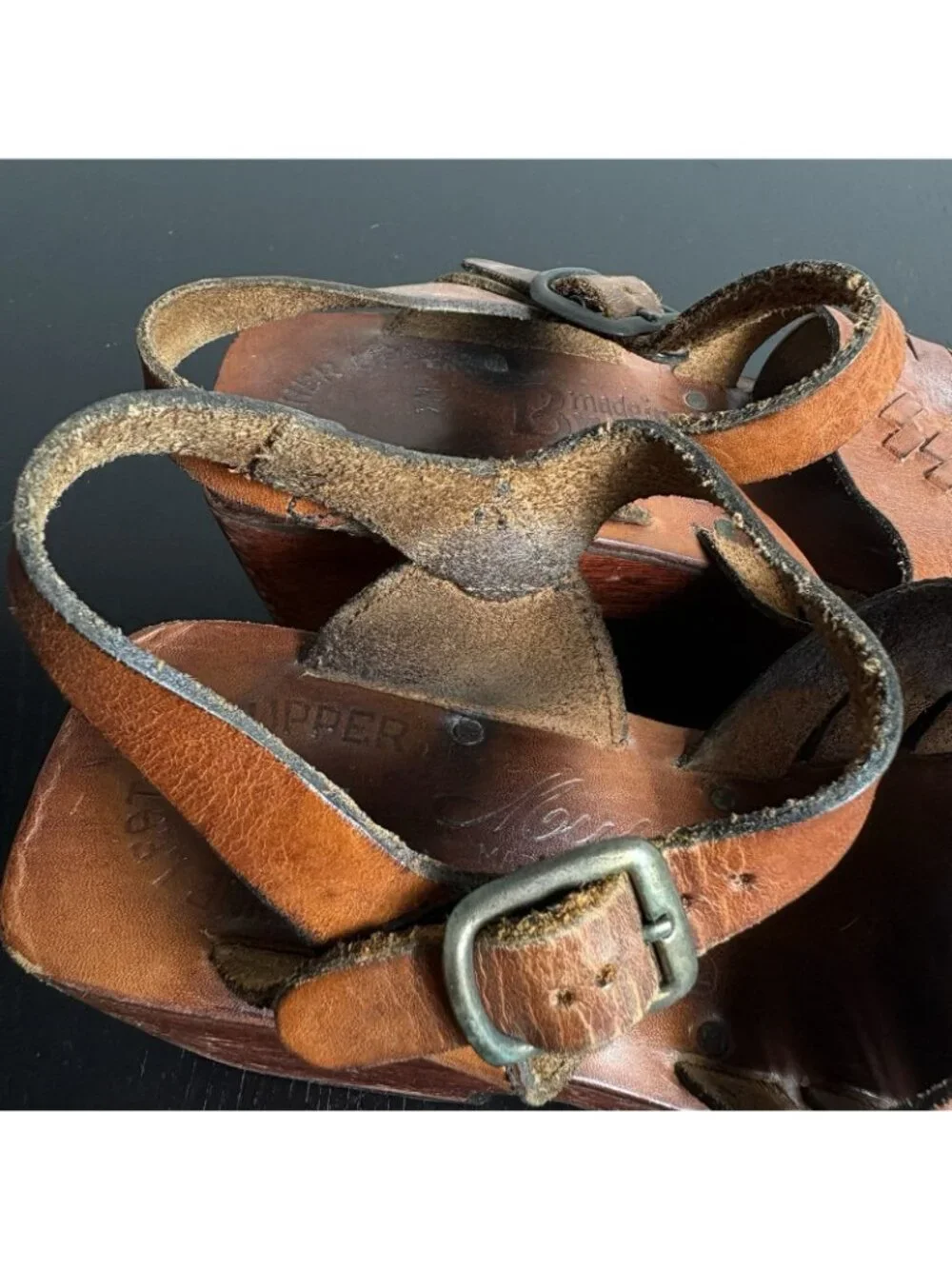 Vintage 70s MUSA Womens 7M Brown Leather Wood Platform Sandals 1970s Brazil